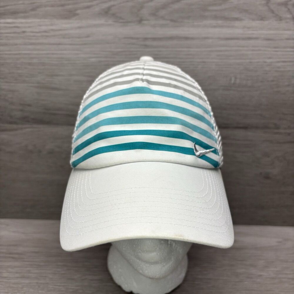 Nike Womens Trucker Hat Mesh Snapback White Blue Stripe Adjustable Golf Cap
